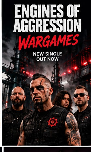 Engines of Aggression band members in tactical black gear and face paint standing before towering industrial factory smokestacks illuminated by red siren lights.