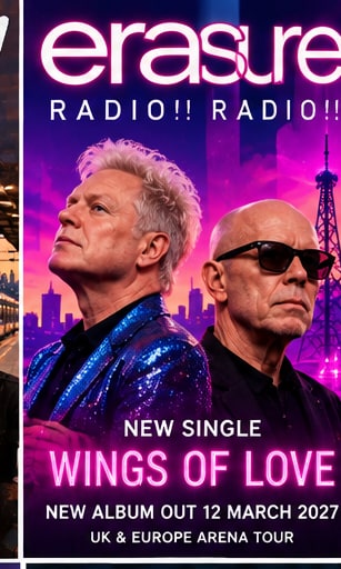 Andy Bell in a sparkling blue sequin jacket and Vince Clarke in black sunglasses bathed in vibrant neon violet and magenta lights against a glowing city skyline.