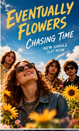 Eventually Flowers band members smiling in a vibrant sunflower meadow under a clear blue sky with puffy white clouds.