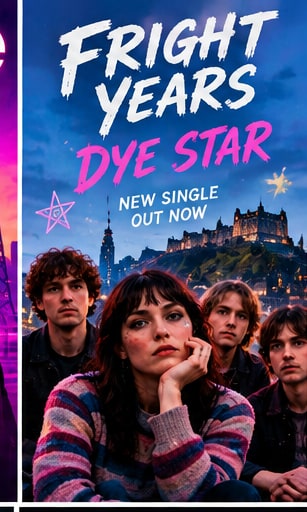 Fright Years four band members seated on a rooftop overlooking illuminated Edinburgh Castle and historic city lights under a dusk twilight sky.