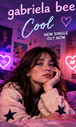 Gabriela Bee resting her chin on her hand in a cozy bedroom decorated with glowing neon hearts and music posters under purple ambient lighting.