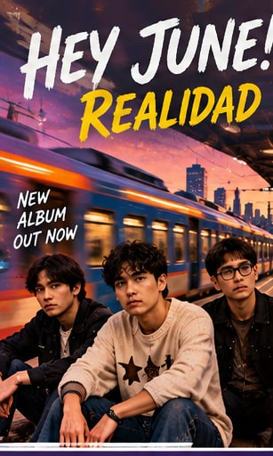HEY JUNE! band members Jim Mase, Coey Ballesteros, and Aci Fodra sitting on an illuminated train platform with an LRT-2 commuter train speeding past.