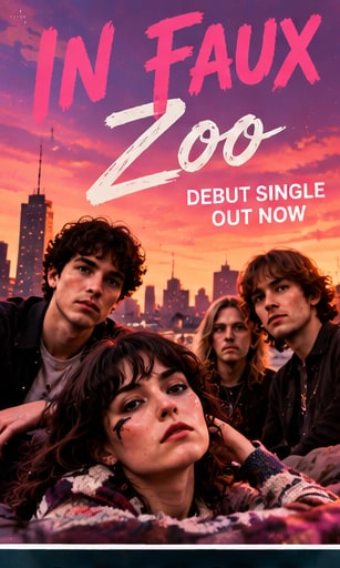 In Faux band members huddled together outdoors in knitted sweaters against a glowing twilight city skyline of Melbourne.