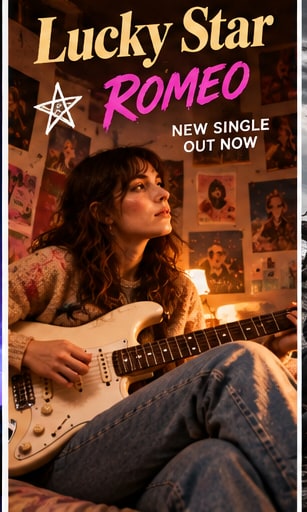 Lucky Star singer-songwriter leaning back with a white electric guitar in a bedroom filled with warm lamplight and poster-covered walls.