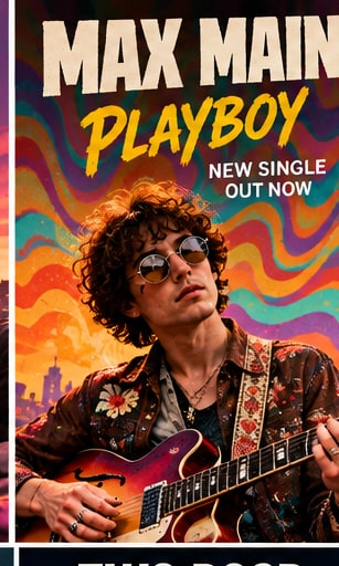 Max Main playing a vintage hollowbody electric guitar in round sunglasses against swirling psychedelic 1970s patterns and warm sunset colors.