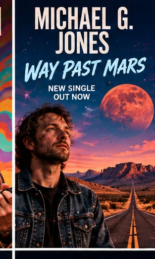 Michael G. Jones in a paint-splattered denim jacket gazing up at an enormous glowing red planet Mars above an open desert highway at dusk.