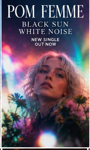 Pom Femme vocalist with wavy blonde hair surrounded by blooming sunflowers and wildflowers under an iridescent celestial sky and prism light flares.