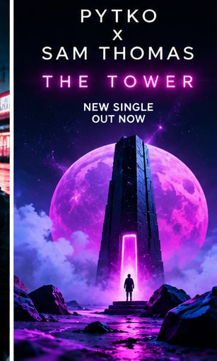 A lone figure standing before an imposing cosmic monolithic tower glowing with neon pink energy beneath a giant purple planetary moon.