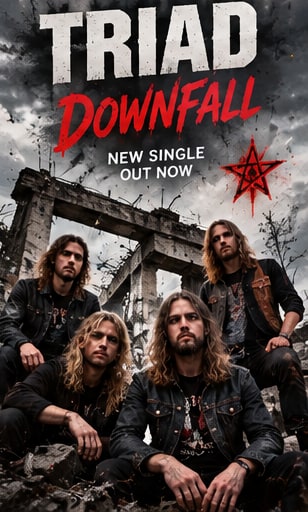 Triad band members with long hair and denim jackets sitting against concrete ruins under a dark, stormy, smoke-filled sky.