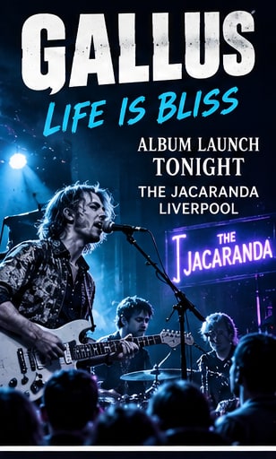 Glasgow indie-rock group Gallus performing live on stage under blue stage lighting beside The Jacaranda neon sign in Liverpool.