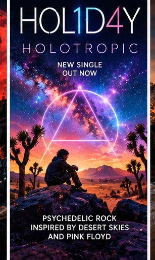 A seated silhouette in a Joshua tree desert gazing at a glowing geometric prism portal against a star-filled cosmos.