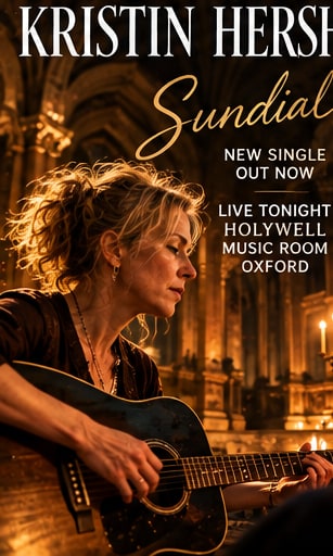 Kristin Hersh playing acoustic guitar inside the candlelit historic Holywell Music Room in Oxford.