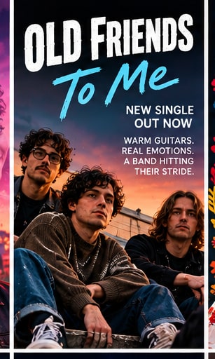 New Jersey indie-rock trio Old Friends members Nick Noto, Luke Chizek, and Aaron Aitken sitting outdoors in knitwear against an urban wall.