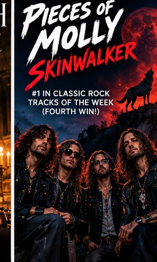 Pieces Of Molly band members in leather jackets under a deep blood-red moon with a silhouetted wolf howling on a rocky outcrop.