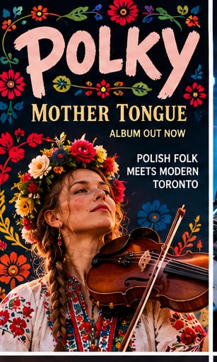 Polky frontwoman Ewelina Ferenc playing violin in traditional embroidered Polish folk costume and floral wreath crown.