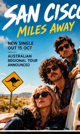 San Cisco trio Jordi Davieson, Josh Biondillo, and Scarlett Stevens with an off-road vehicle by an Australian kangaroo road sign under desert sun.