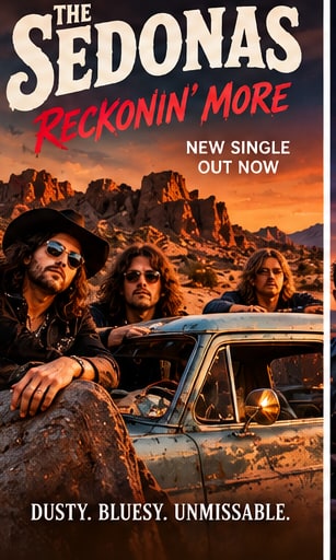The Sedonas band members in cowboy hats and sunglasses posing beside a vintage patina truck in an arid red-rock canyon.