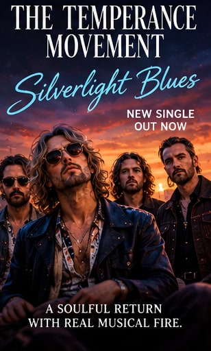 The Temperance Movement band members in leather jackets bathed in warm sunset backlight for Silverlight Blues single release.