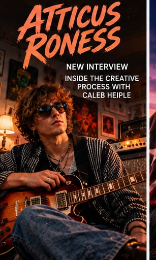 Atticus Roness wearing sunglasses and knit sweater sitting with an electric guitar in a vintage recording studio.