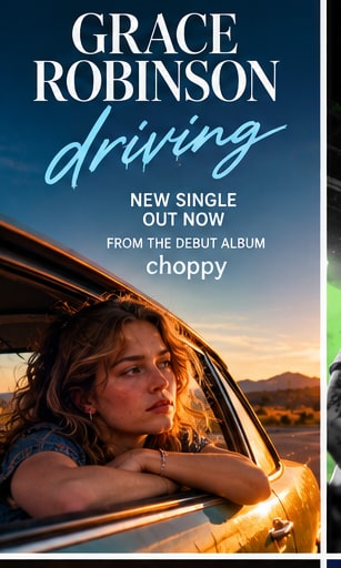 Grace Robinson leaning out of a vintage car window on an open highway during golden hour sunset.