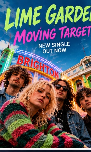 Brighton indie rock band Lime Garden members posing beneath a Brighton sign with colourful knitwear and buildings.