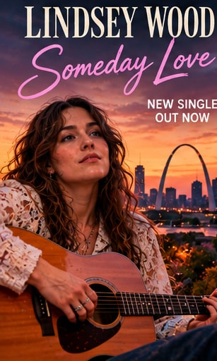 Lindsey Wood holding an acoustic guitar in front of the St. Louis Gateway Arch skyline at sunset.