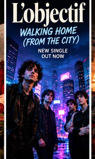 L'objectif band members standing in dark jackets against a vibrant neon-lit cyberpunk city at night.