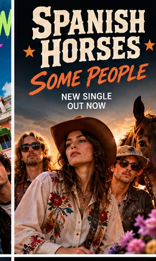 Spanish Horses band members wearing cowboy hats and western shirts standing before horses and desert sunset.