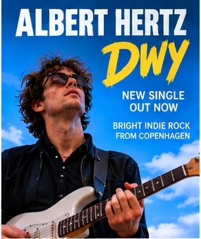 Copenhagen indie-rock musician Albert Hertz playing a white electric guitar outdoors under blue sky.