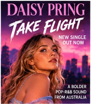 Australian pop-R&B artist Daisy Pring gazing forward against a dramatic purple and pink sunset city skyline.