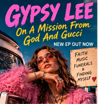 Melbourne indie-pop artist Gypsy Lee leaning against a vintage car wearing pink sunglasses and a faux-fur coat.