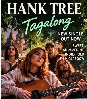 Glasgow indie-folk band Hank Tree holding acoustic guitars before historic Scottish stone university buildings.