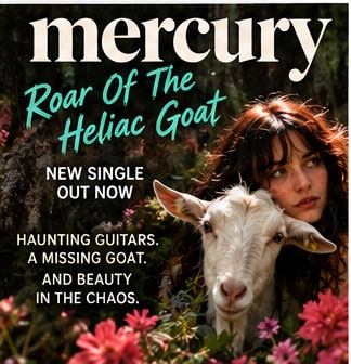 Nashville artist mercury (Maddie Kerr) posing in a wildflower field with a white goat beside her.