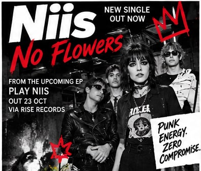 Los Angeles punk rock band Niis in leather jackets and band tees posing in high-contrast black and white.