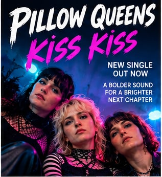 Dublin indie-rock trio Pillow Queens members Pam Connolly, Cathy McGuinness and Sarah Corcoran posing in black and striped punk attire.
