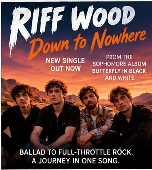 Utah teenage rock band Riff Wood posing together in black shirts against rugged red desert mountains.