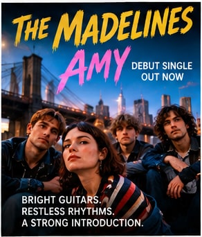 Brooklyn indie rock newcomers The Madelines gathered before the Brooklyn Bridge and New York skyline.