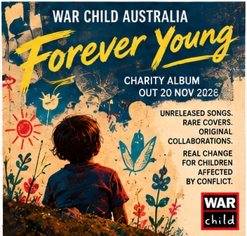 War Child Australia Forever Young charity album artwork showing a child silhouette gazing out at nature, flora, and sunlight.