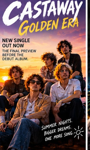 The five members of Christchurch band Castaway seated together on rocks against an ocean sunset.