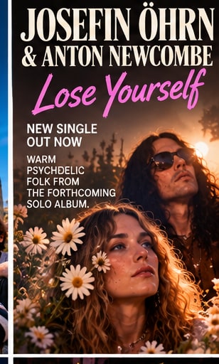 Josefin Öhrn and Anton Newcombe looking upward together amongst blooming daisies bathed in warm golden light.
