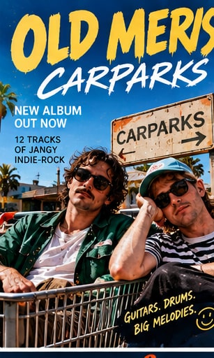 Western Australian indie-rock duo Old Mervs sitting in a shopping cart in front of a rustic Carparks highway sign.