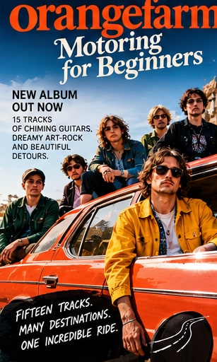 Orangefarm band members leaning out of a vintage orange road-trip car under a bright blue Wellington sky.