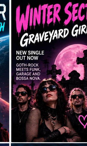 Winter Sect band members dressed in goth attire under a luminous full moon among cemetery crosses.