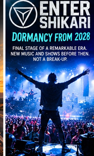 Poster for Enter Shikari dormancy announcement showing frontman Rou Reynolds silhouetted before a massive arena crowd with blue stage lights.