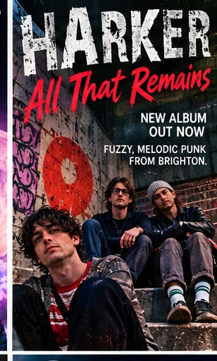 Poster for Harker album All That Remains featuring the Brighton punk quartet seated on concrete steps by an orange target symbol.