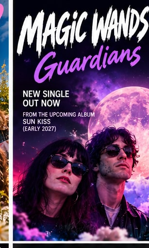 Poster for Magic Wands single Guardians showing Dexy and Chris Valentine in front of a glowing magenta celestial moon.