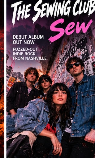 Poster for The Sewing Club debut album Sew showing the Nashville quartet in denim jackets against an alley poster wall.