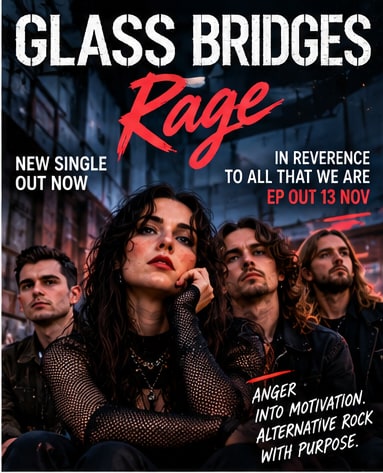 Band poster for Glass Bridges announcing single Rage and EP In Reverence To All That We Are, featuring vocalist Simona Cutifani and bandmates.