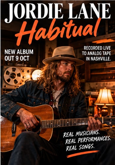 Album poster for Jordie Lane's Habitual featuring the songwriter playing acoustic guitar in a vintage recording studio with reel-to-reel tape.