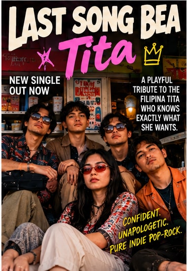 Promotional poster for Last Song Bea single Tita showing the band members gathered outdoors in Manila.